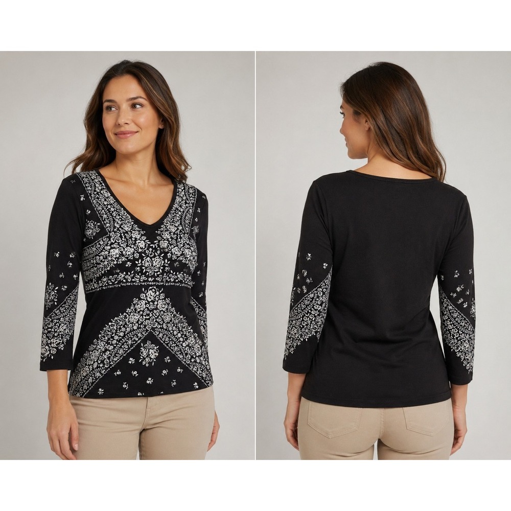 Forbidden Women's Small Black Floral Print Embellished 3/4 Sleeve Cotton Knit...
